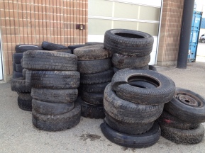 Tires discarded at the Richard St. Barbe Baker Afforestation Area and removed, and taken in for recycling, a charge to the volunteers of over $350.00