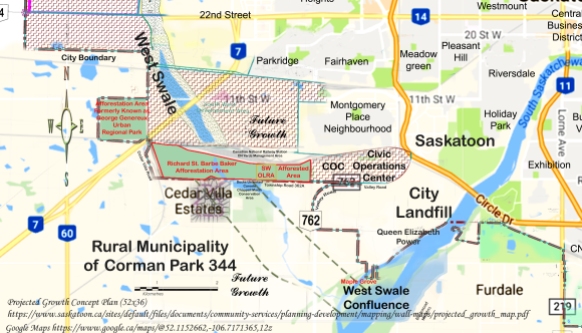 Map showing the Afforestation Area Formerly Known As George Genereux Urban Regional Park, and the Richard St. Barbe Baker Afforestation Area, South West Off Leash Recreation Area, SW OLRA and the Afforestation Area All are within City of Saskatoon boundaries as of an annexation of 2005