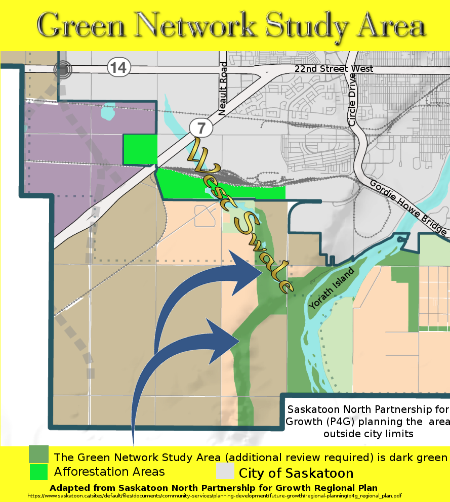 Green Network Study Area, south of Saskatoon, Saskatchewan in the Rural Municipality of Corman Park, part of the Saskatoon North Partnership for Growth P4G planning area (partial map) adapted from the Saskatoon North Partnership for Growth Regional Plan map on page 26