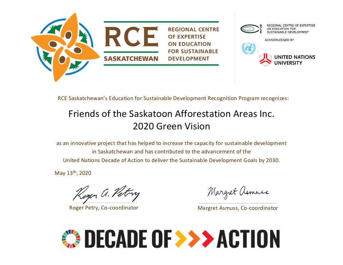 Regional Centre of Expertise on Education for Sustainable Development RCE Saskatchewan.  Friends of the Saskatoon Afforestation Aeas Inc. 2020 Green Vision